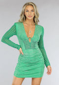 Groene Longsleeve Glitter Jurk met Strass Steentjes en Uitsnede