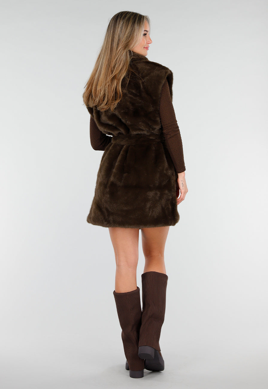 Donkerbruine Faux Fur Bodywarmer met Ceintuur