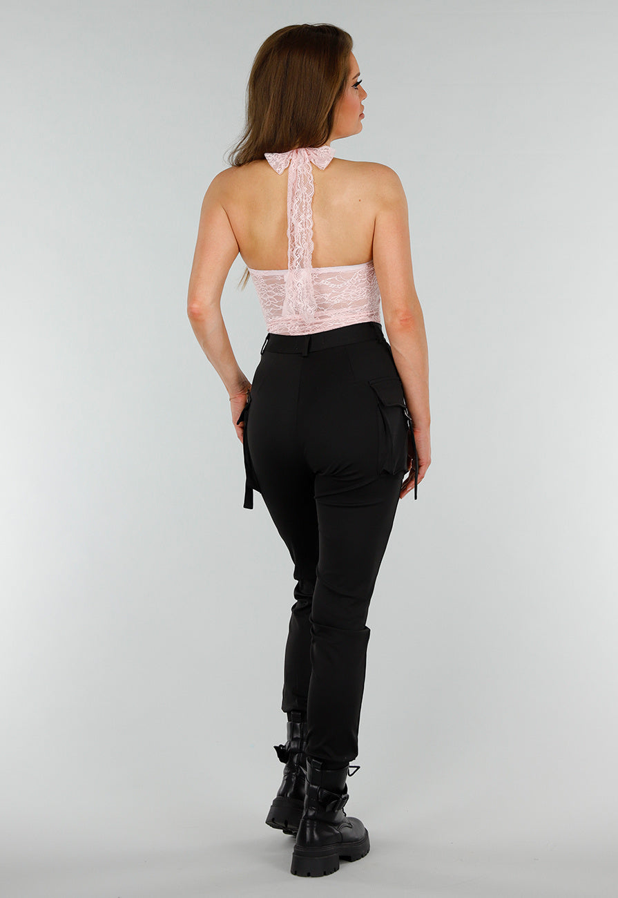 Roze Kanten Stretch Haltertop met Striksluiting