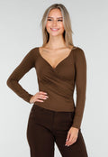 Bruine Top met Overslag en Lange Mouwen