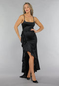 Zwarte Ruffle Avondjurk in Zwart Satin