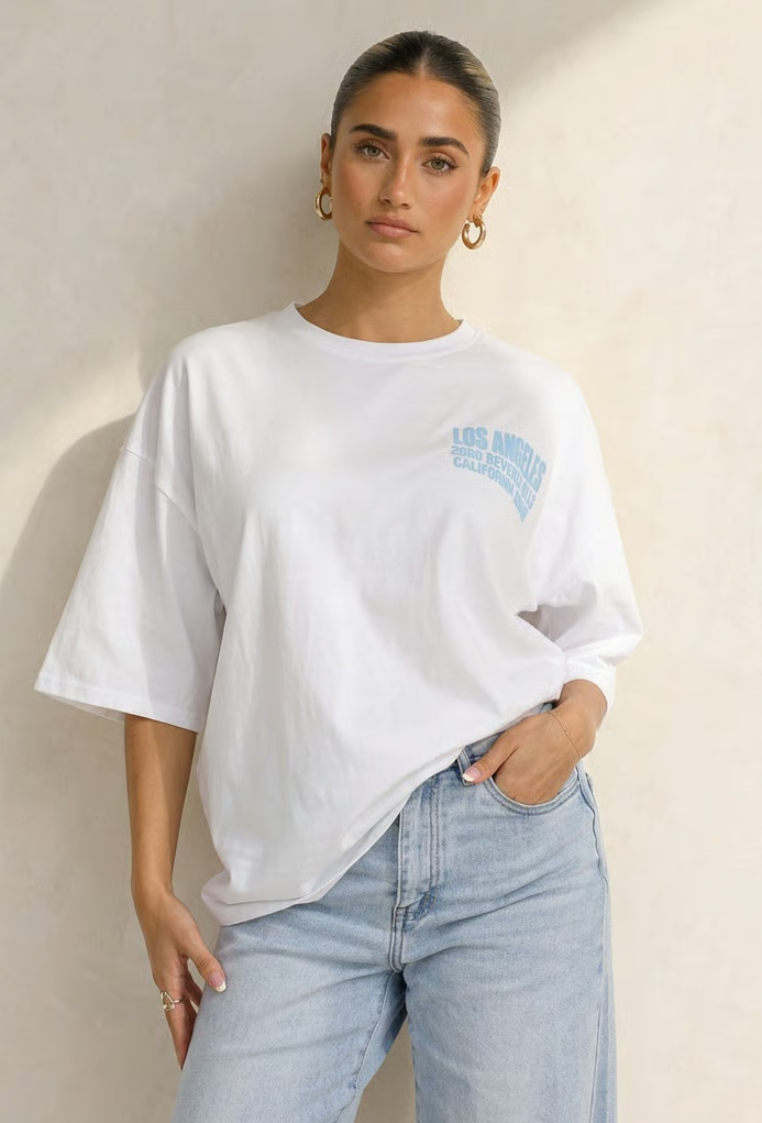 Wit T-shirt met Blauwe Backprint, Ronde Hals en Korte Mouwen