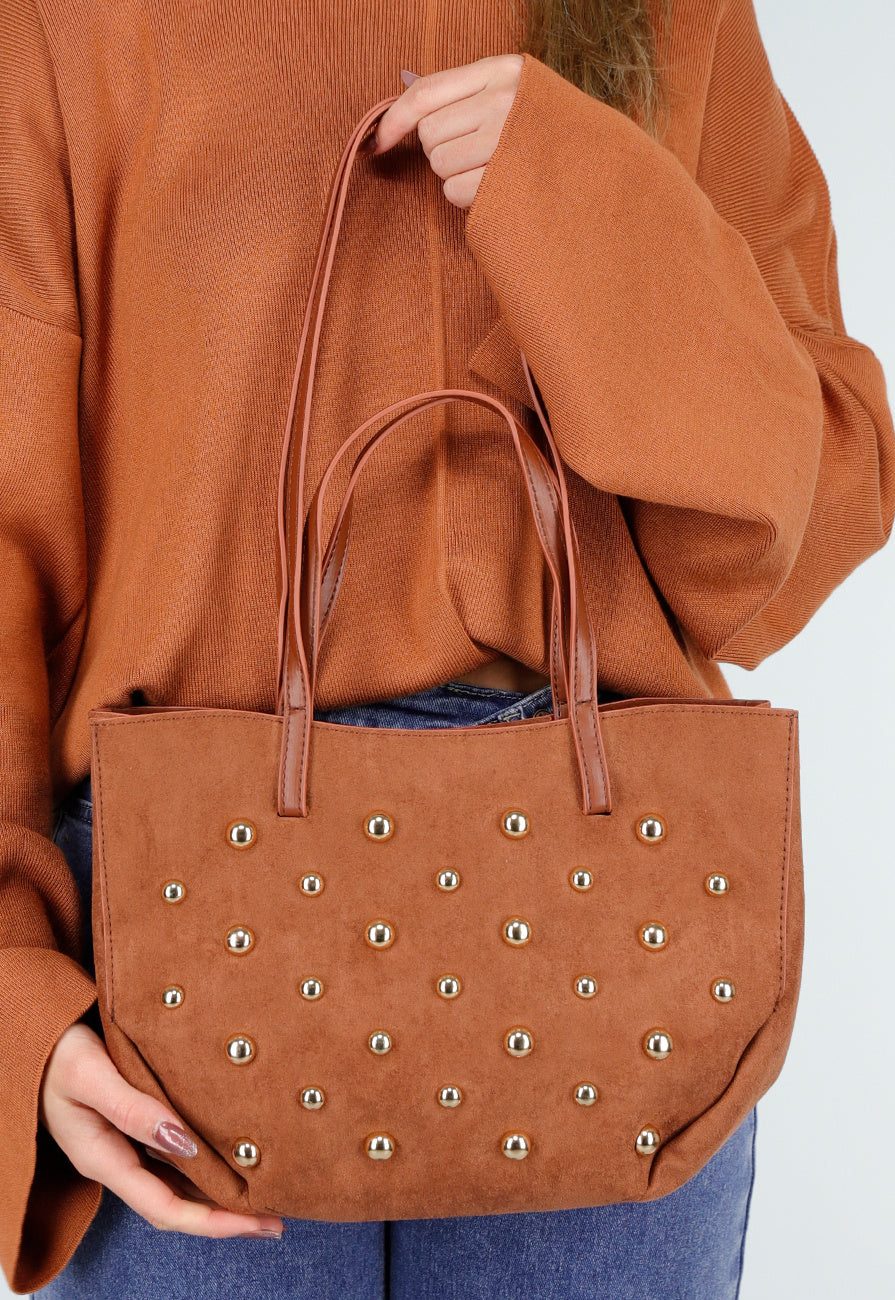 Suède Look Studded Shopper Tas met Hengsels