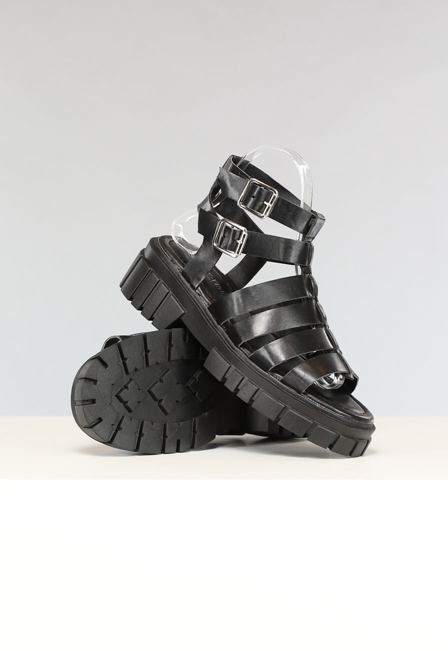 Zwarte Lederlook Sandalen met Grove Zool