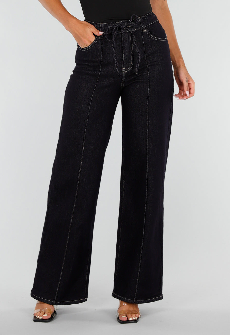 NEW020926 Donkerblauwe Denim Stretch Jeans met Straight Leg en Taillekoord