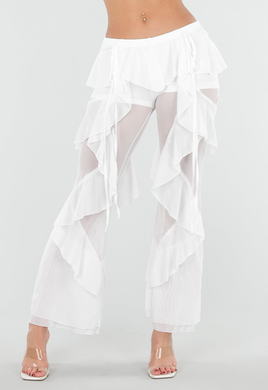 Witte Doorschijnende Broek met Stretch Ruffles en Voering