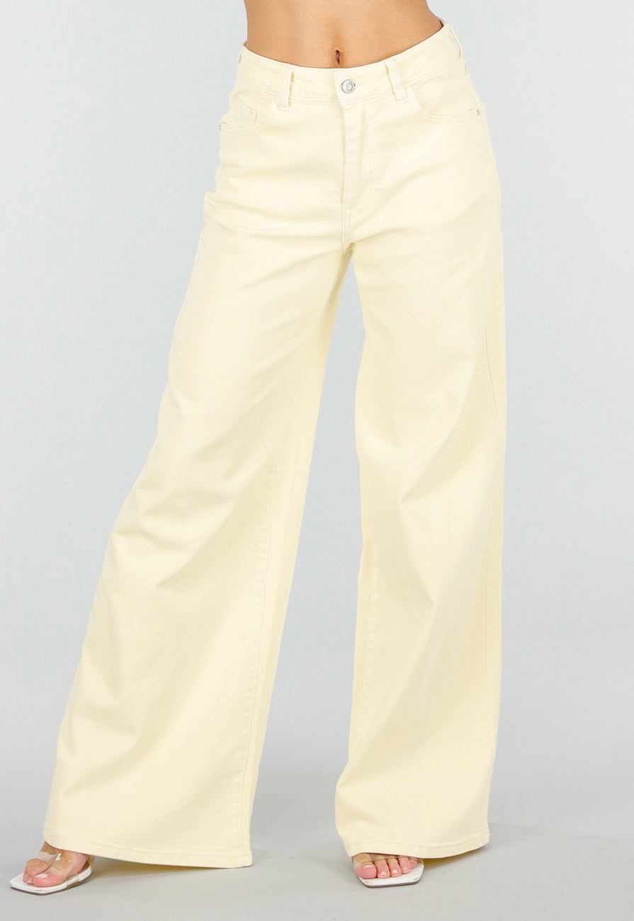 Lichtgele Extra Wide Leg Jeans met High Waist en Rechte Wijde Pijpen