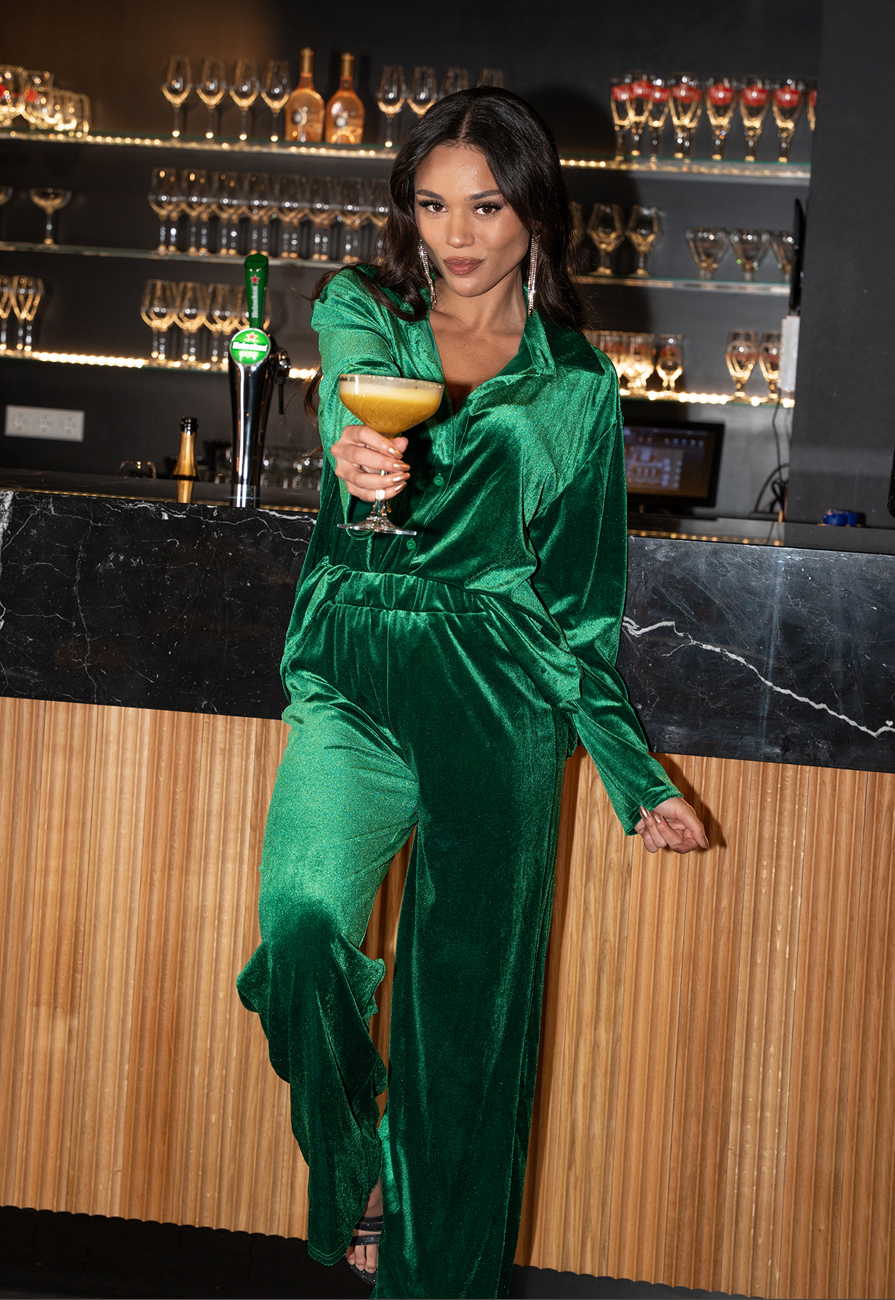 Groene Wide Leg Velvet Co Ord Set