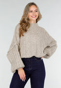 Beige Gebreide Trui met Kabelpatroon en Pofmouwen