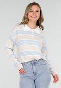 Beige met Blauw Gestreepte Polo Trui