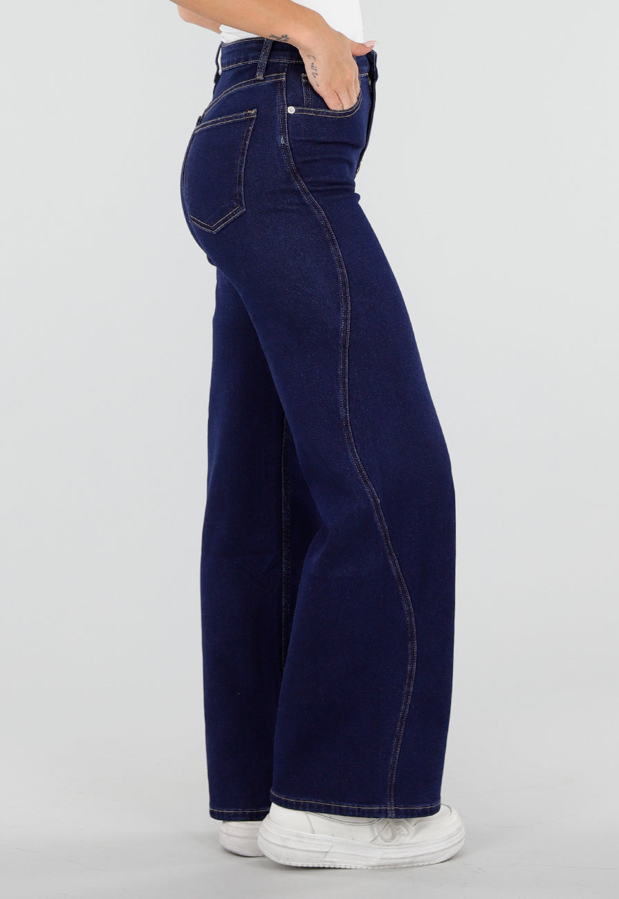 NEW290726 Donkerblauwe Wide Leg Jeans met Hoge Taille en Stretch