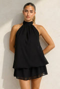 Zwarte Halter Mini Jurk met Open Rug en Chiffon Laag