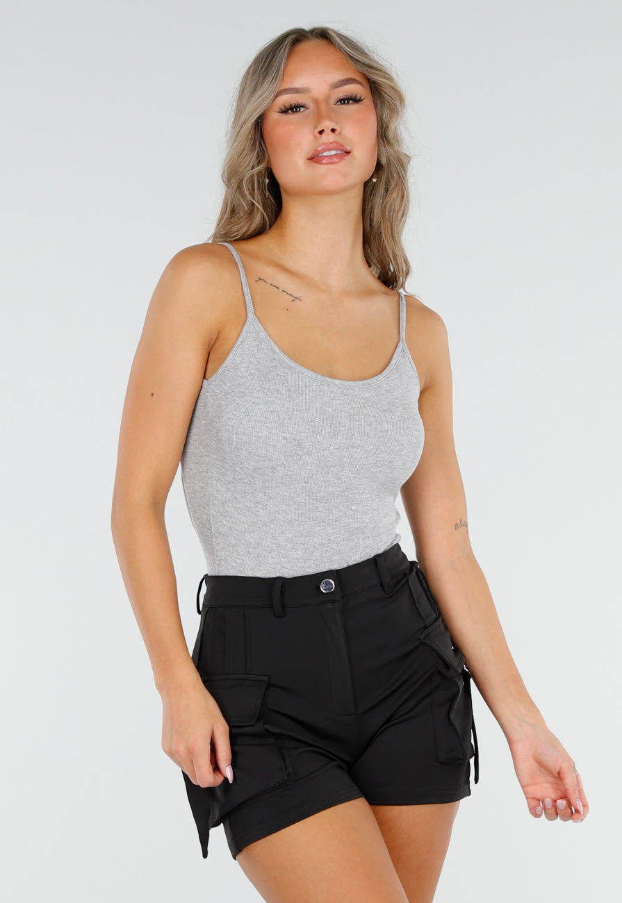 Grijze Bodysuit met Spaghetti Bandjes en Pads