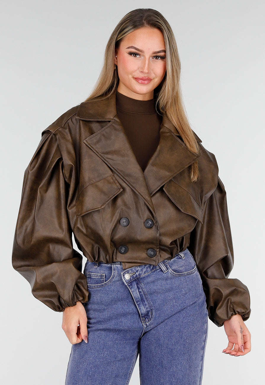 Bruin Oversized Faux Leather Jasje met Pofmouwen