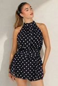 Zwarte Polkadot Playsuit met Halterhals en Volantlaag