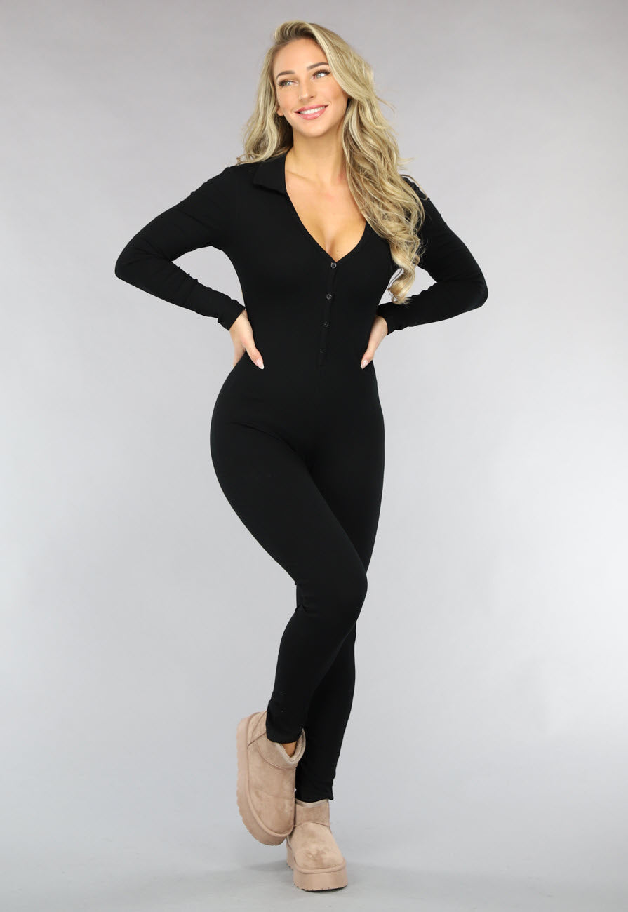 Stretchy Zwarte Rib Jumpsuit met Knoopjes
