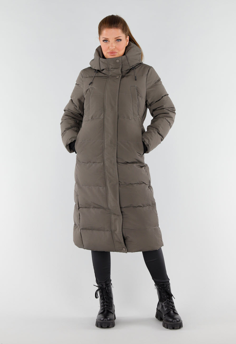 Khaki Lange Pufferjas met Capuchon en Hoge Kraag