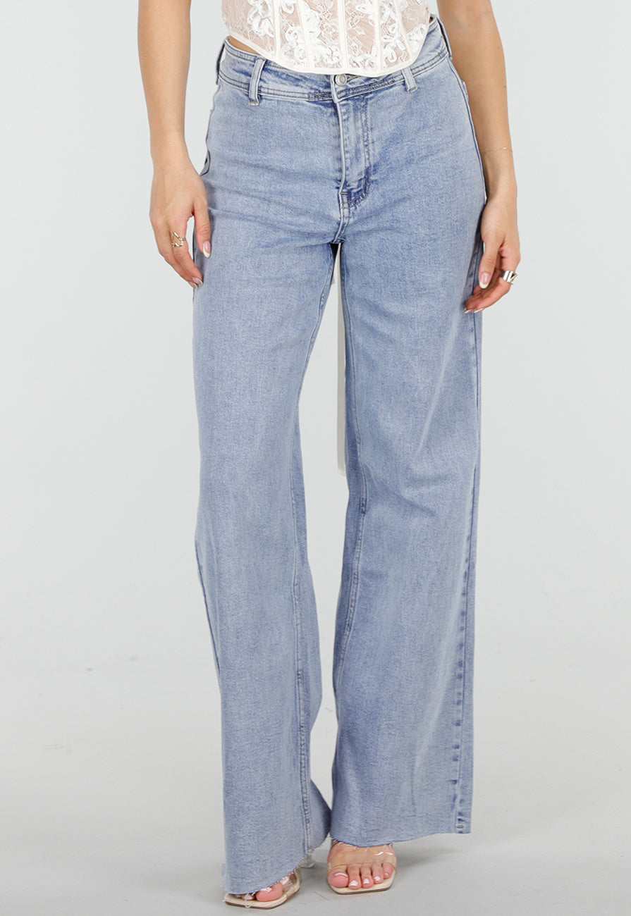 Lichtblauwe Denim Wide Leg Jeans met Rechte Pijpen en Stretch