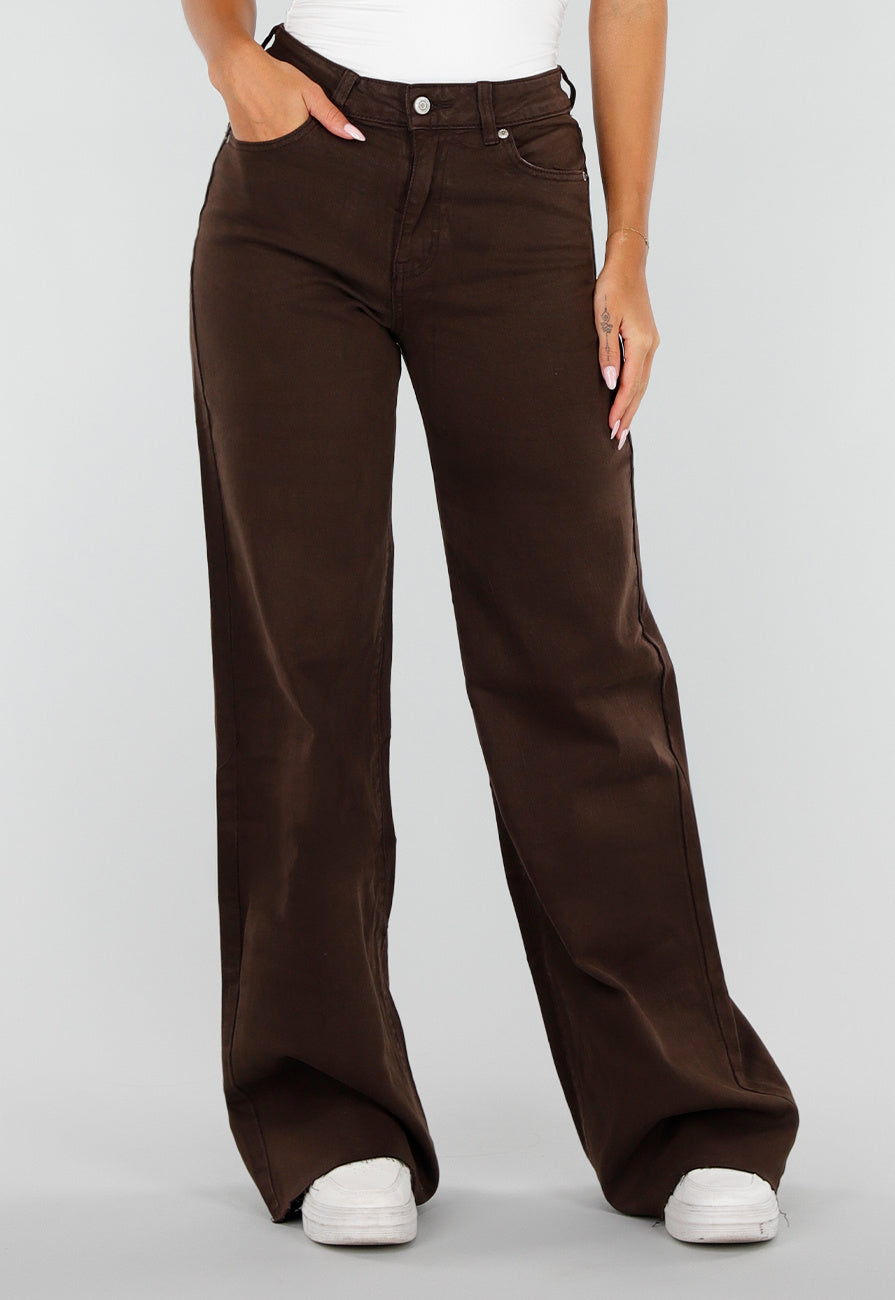 NEW020926 Bruine Denim Tall Jeans met Straight Leg, Hoge Taille en Lange Pijpen