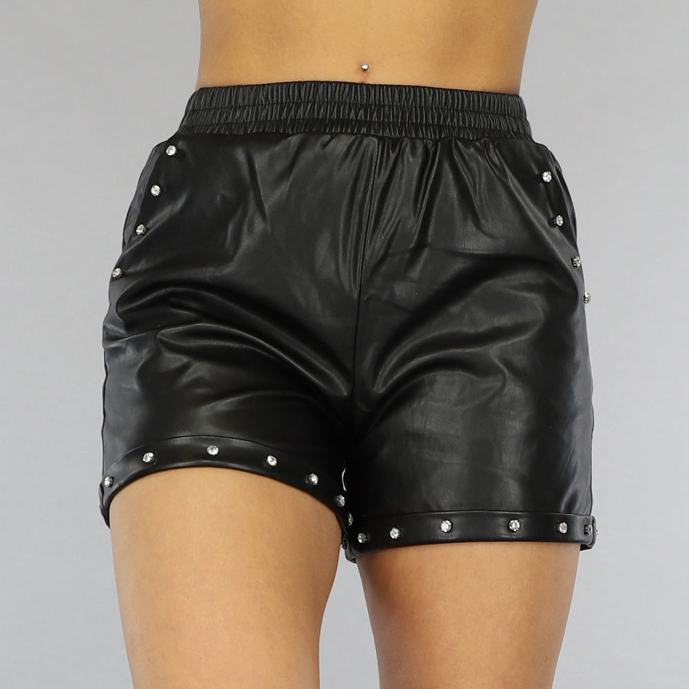 Zwarte Lederlook High Waist Short met Steentjes