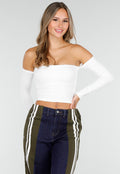 Witte Off Shoulder Top met Lange Mouwen en Stretchstof