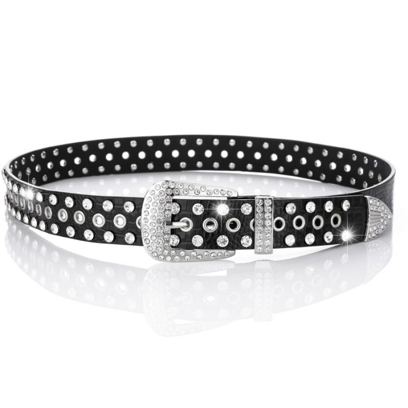 Grove Zwarte Lederlook Riem met Strass