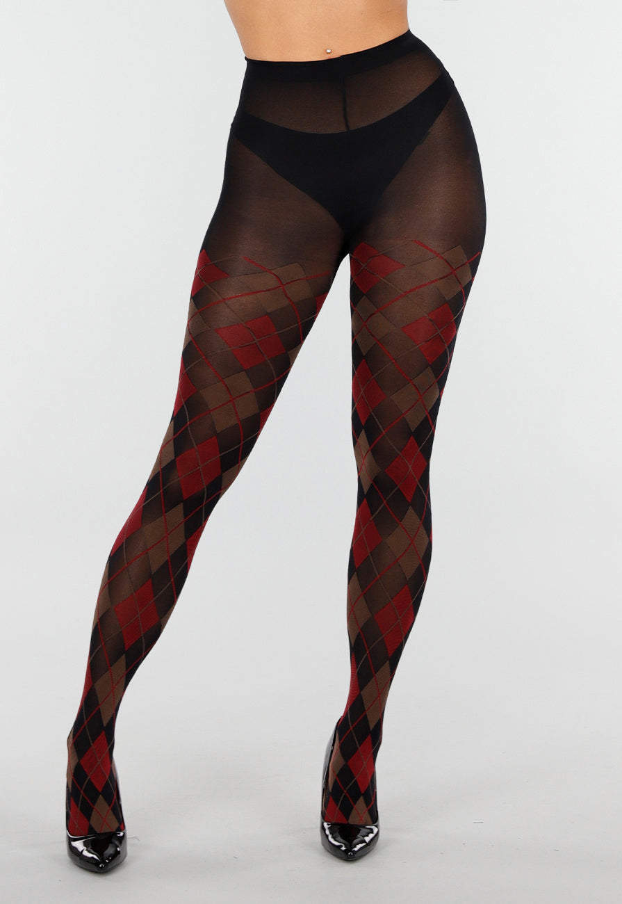 Rood Bruine 50 Den Panty met Argyle Print