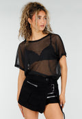 Zwarte Mesh Top met Korte Mouwen en Stretch