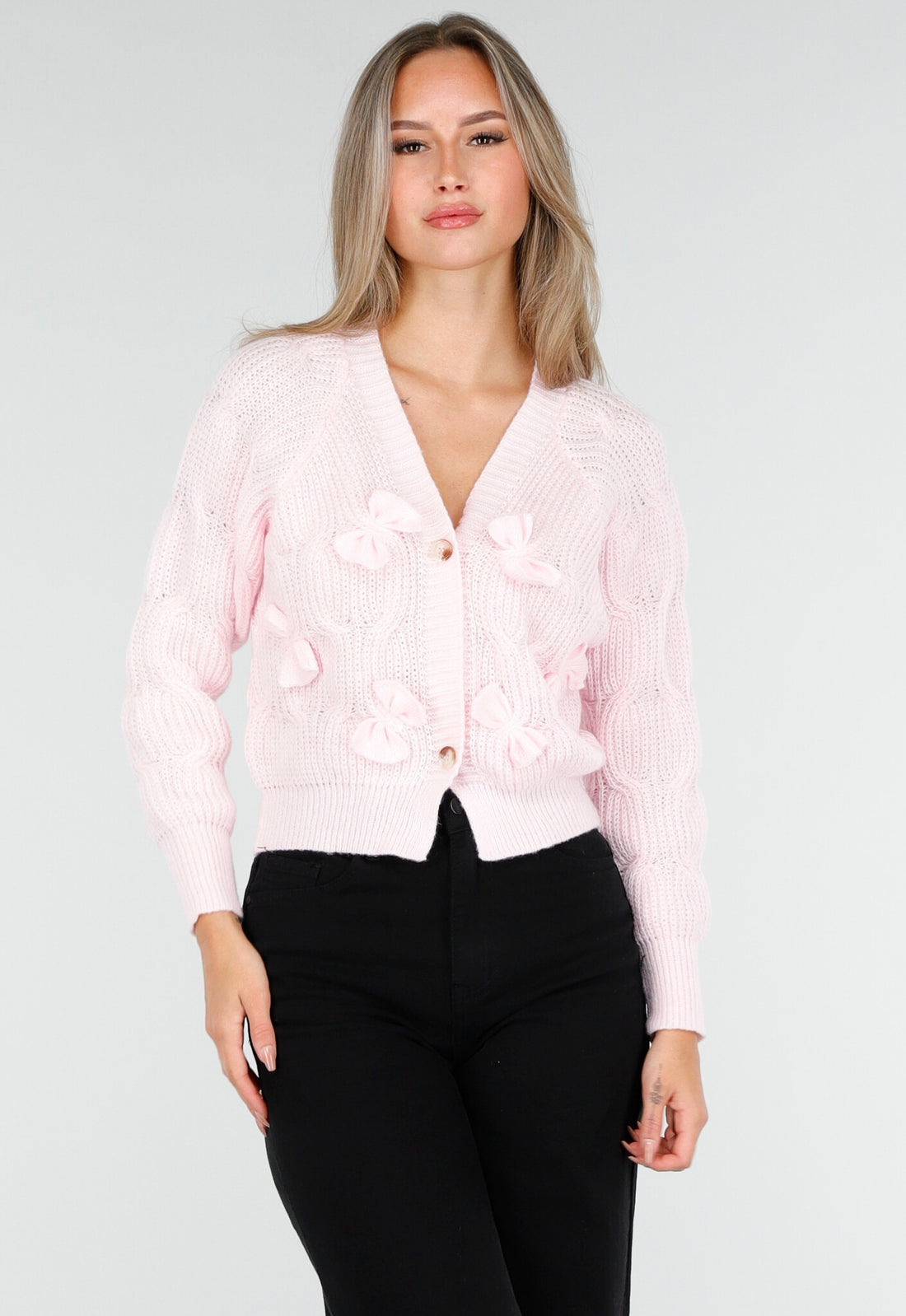 Roze Gebreid Vest met Strikdetails en Knopen