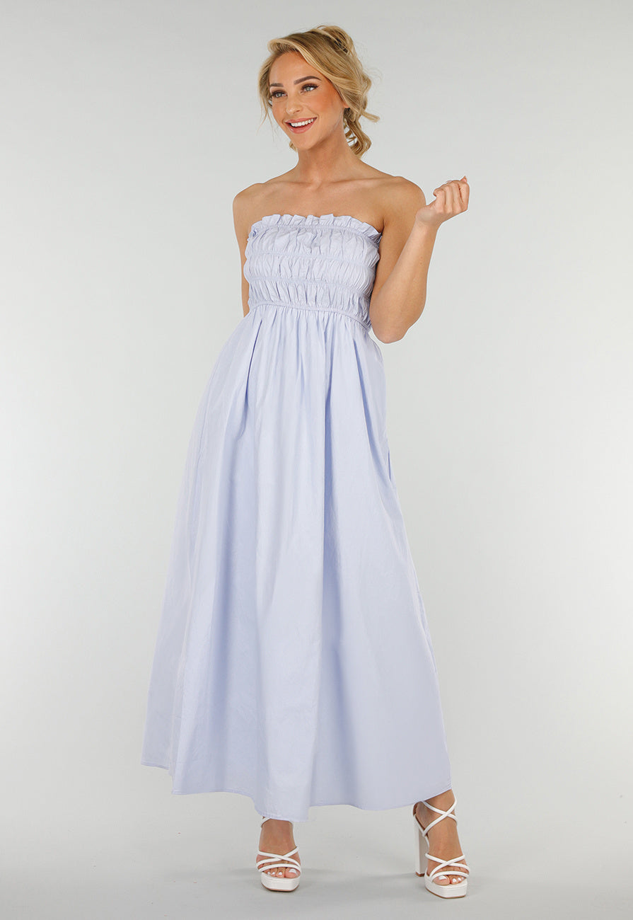Strapless Lichtblauwe Maxi Jurk met Gerimpeld Bovenstuk