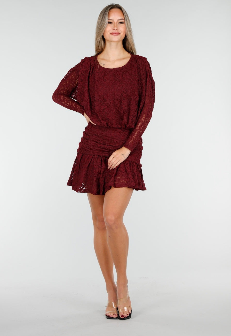 Bordeaux Kant Jurk met Lange Mouwen en Stretch