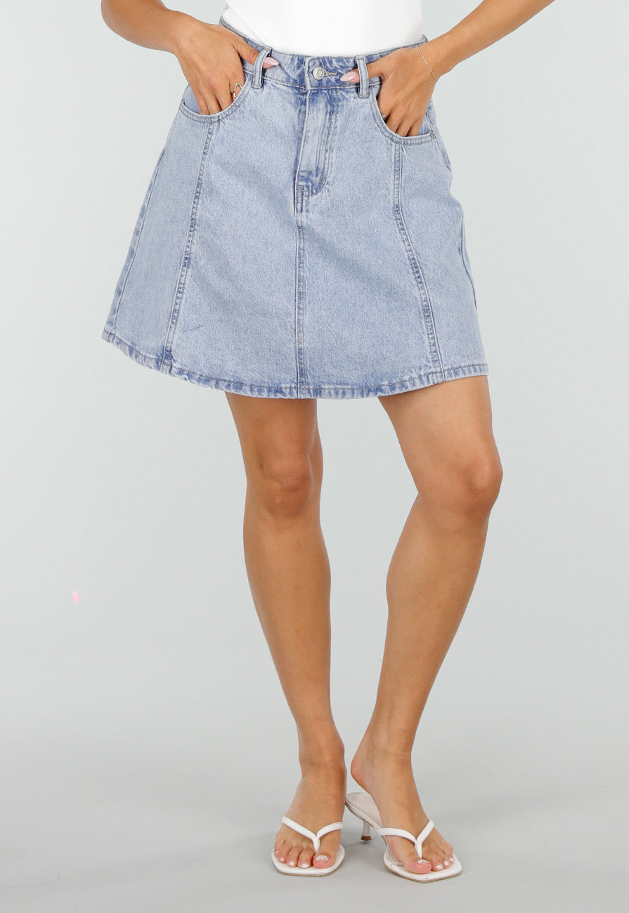 Lichtblauwe Denim A-Lijn Rok met Hoge Taille