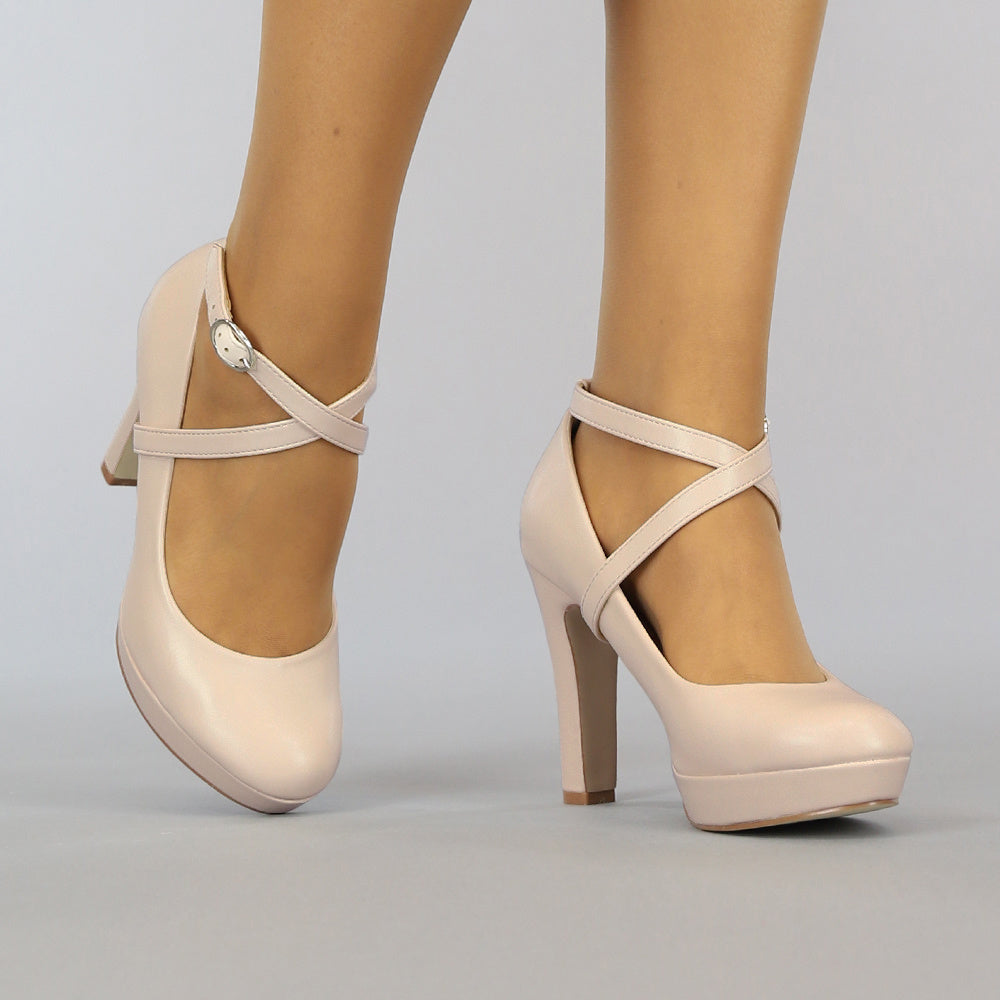 Beige Lederlook Pumps met Enkelbandje