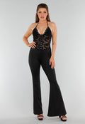 Zwarte Jumpsuit met Kanten Haltertop, V-Hals en Flared Pijpen