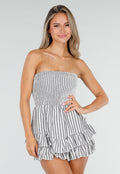 Wit Zwart Gestreepte Strapless Playsuit met Smokwerk en Ruches
