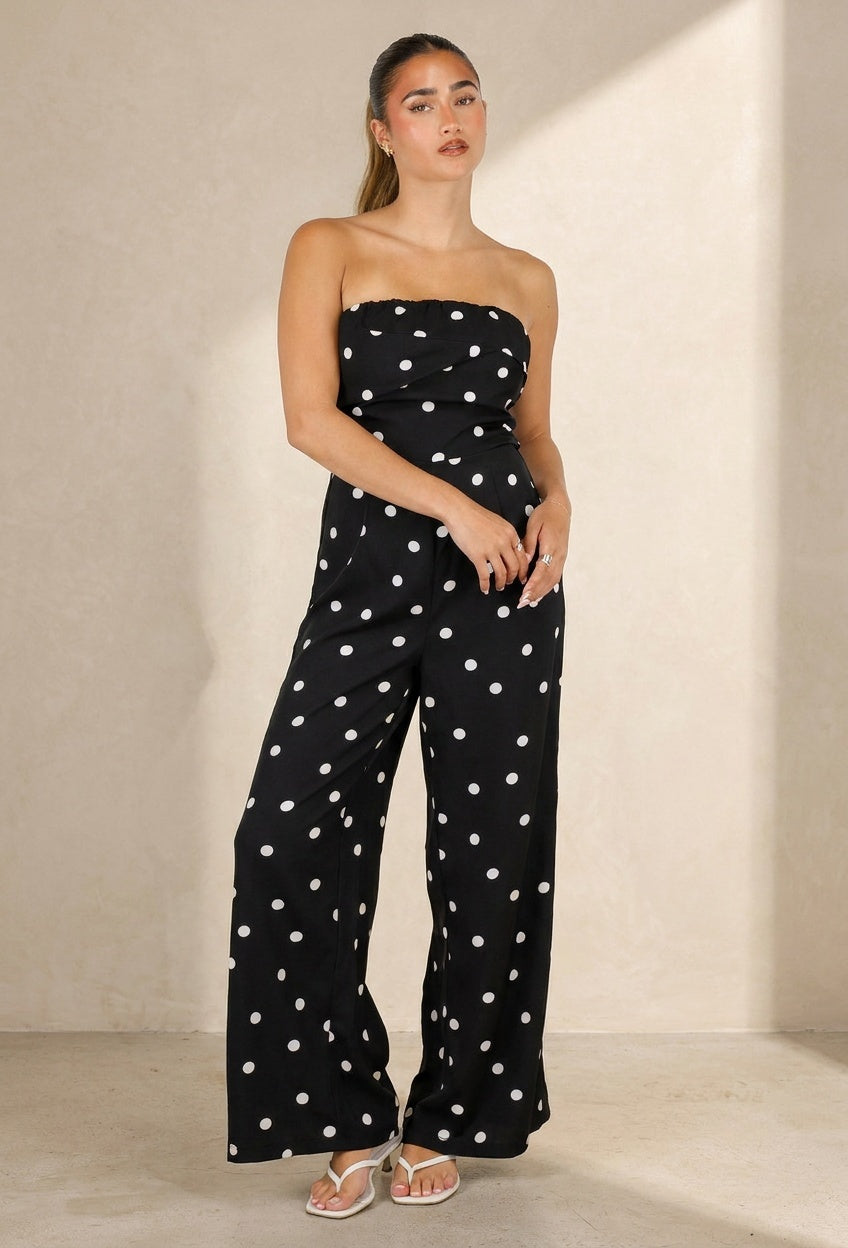 Zwarte Bandeau Jumpsuit met Witte Stippenprint en Wide Leg