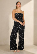 Zwarte Bandeau Jumpsuit met Witte Stippenprint en Wide Leg