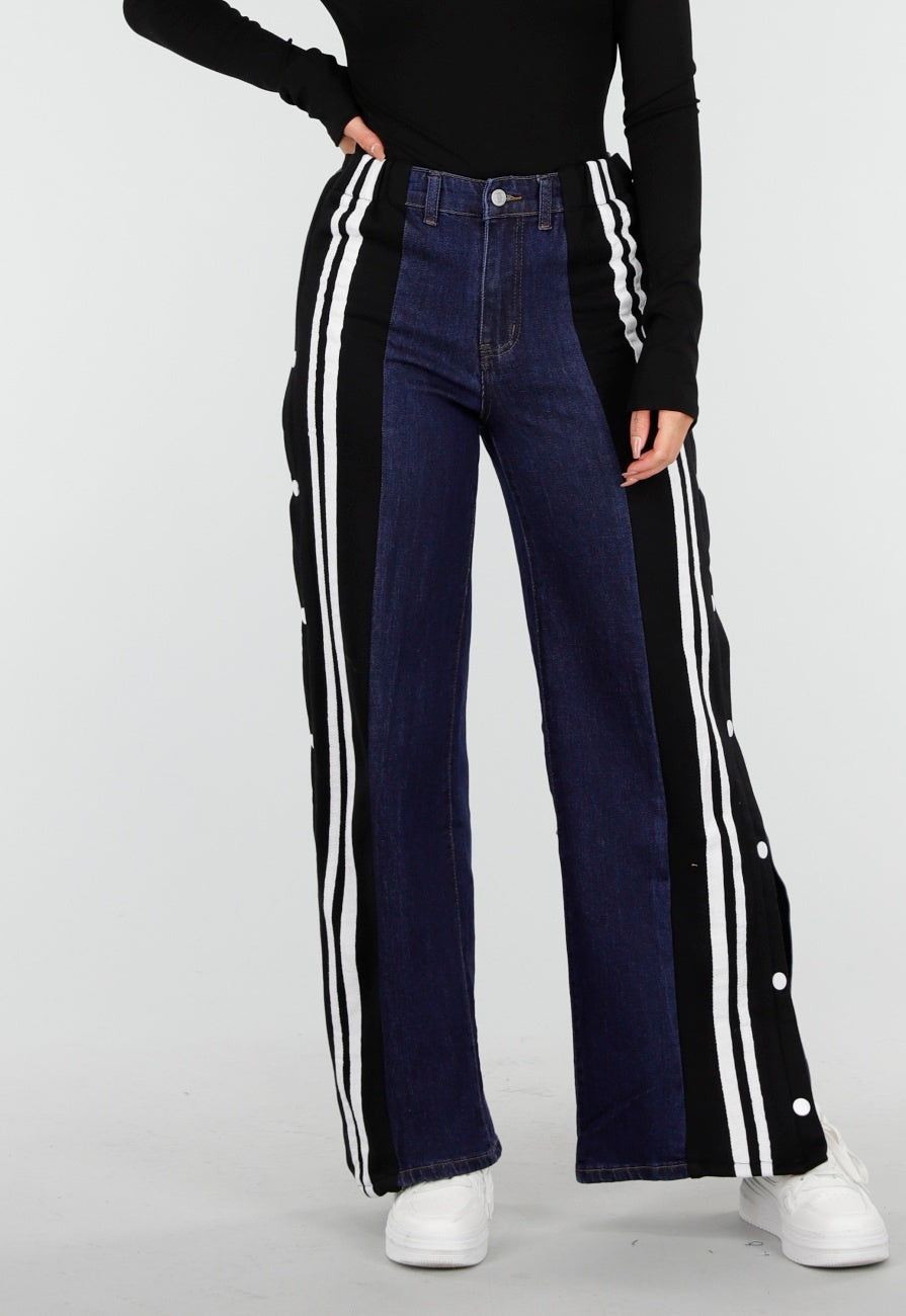 Denim Wide Leg Broek met Zwarte Zijkanten en Strepen
