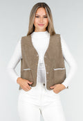 Bruin Teddy Gilet met Witte Randen en Knoopsluiting