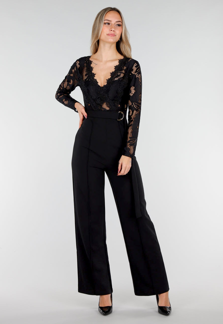 Zwarte Kanten Jumpsuit met V-Hals en Stretch