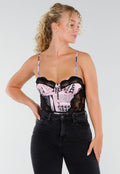 Roze Zwarte Body met Krantenprint en Kantdetails