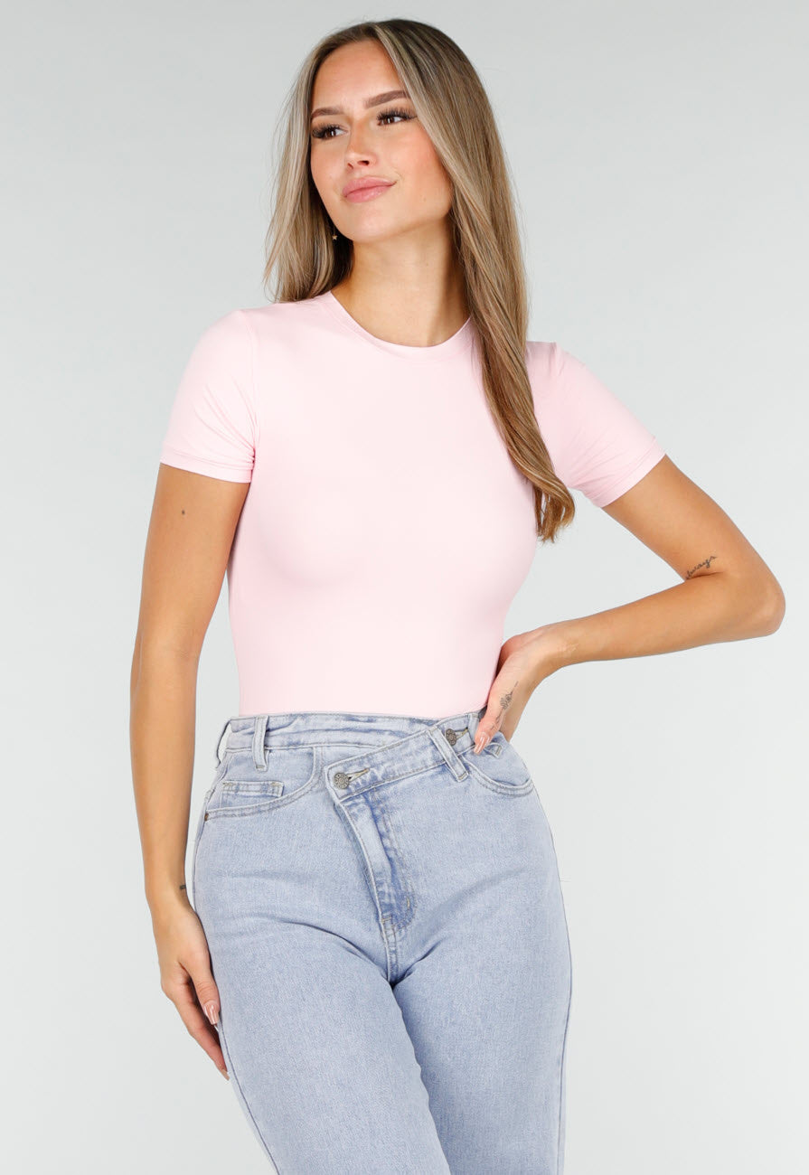 Roze Bodysuit met Korte Mouwen en String Achterkant