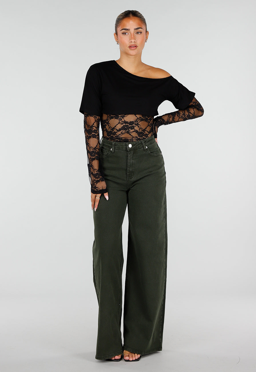 NEW120826 Donkergroene Wide Leg Jeans met Hoge Taille en Lichte Stretch
