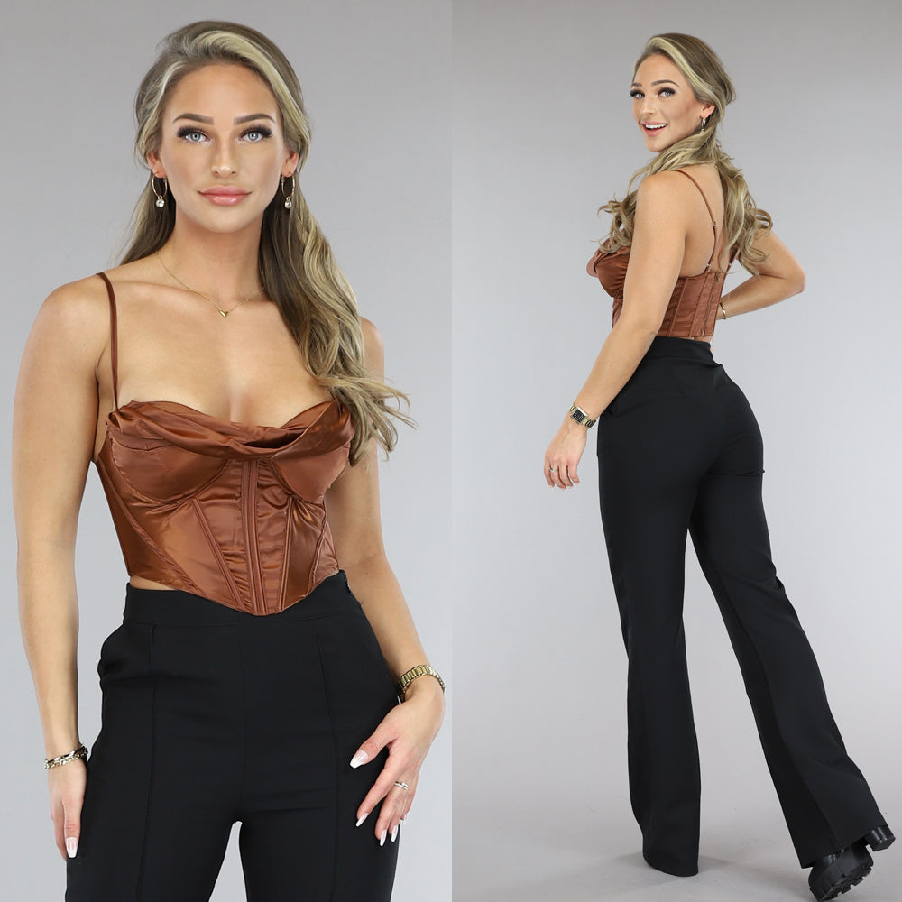 Bruine Satin Korset Top met Gedrapeerd Detail
