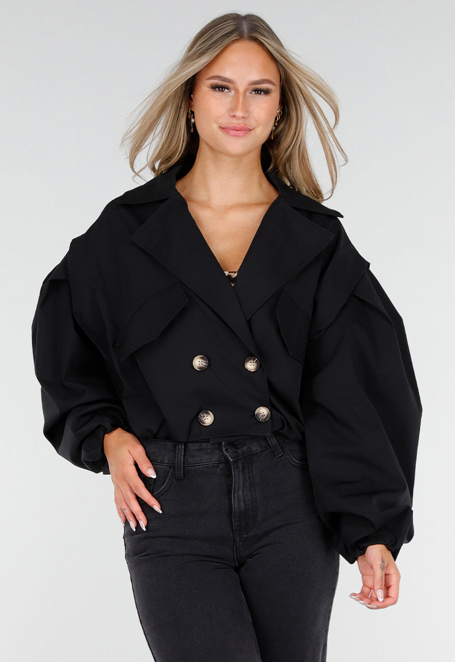 Korte Trench Coat in Zwart met Pofmouwen en Knopen
