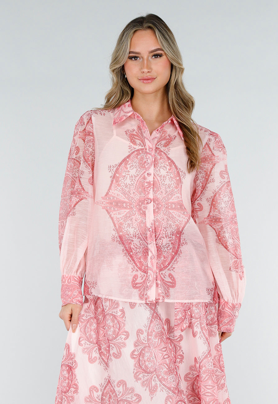 Roze Blouse met Paisley Print en Knopen