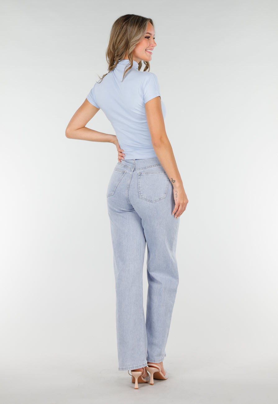 Lichtblauwe Stretch Top met Col en Korte Mouwen