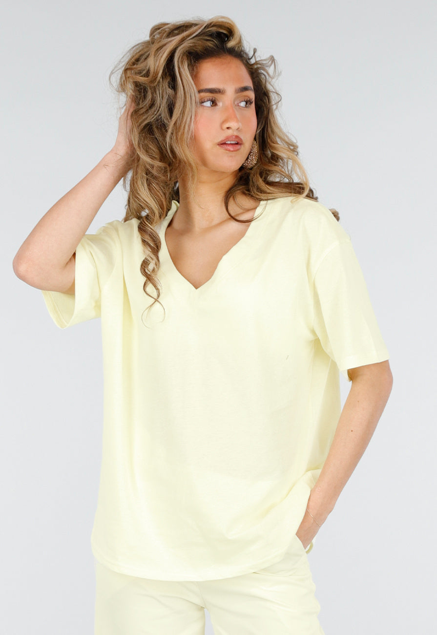 Lichtgeel V Hals T Shirt van Katoen