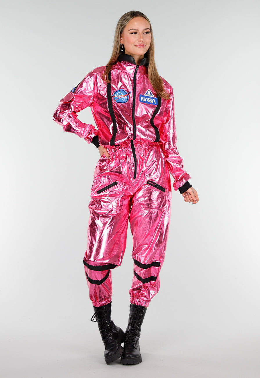 Roze Metallic Astronaut Jumpsuit met Patches, Zwarte Accenten en Elastische Manchetten