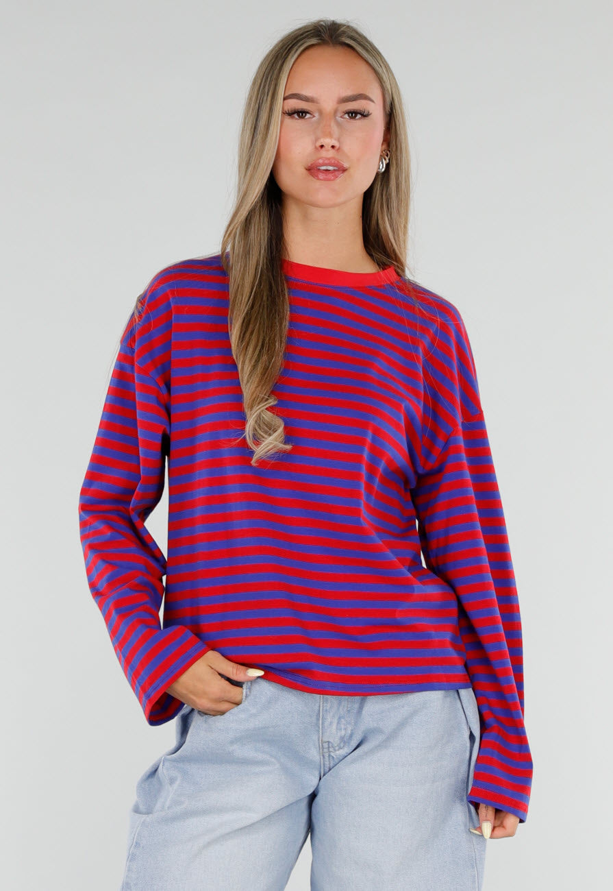 NEW120826 Rood Blauwe Gestreepte Top met Lange Mouwen en Ronde Hals